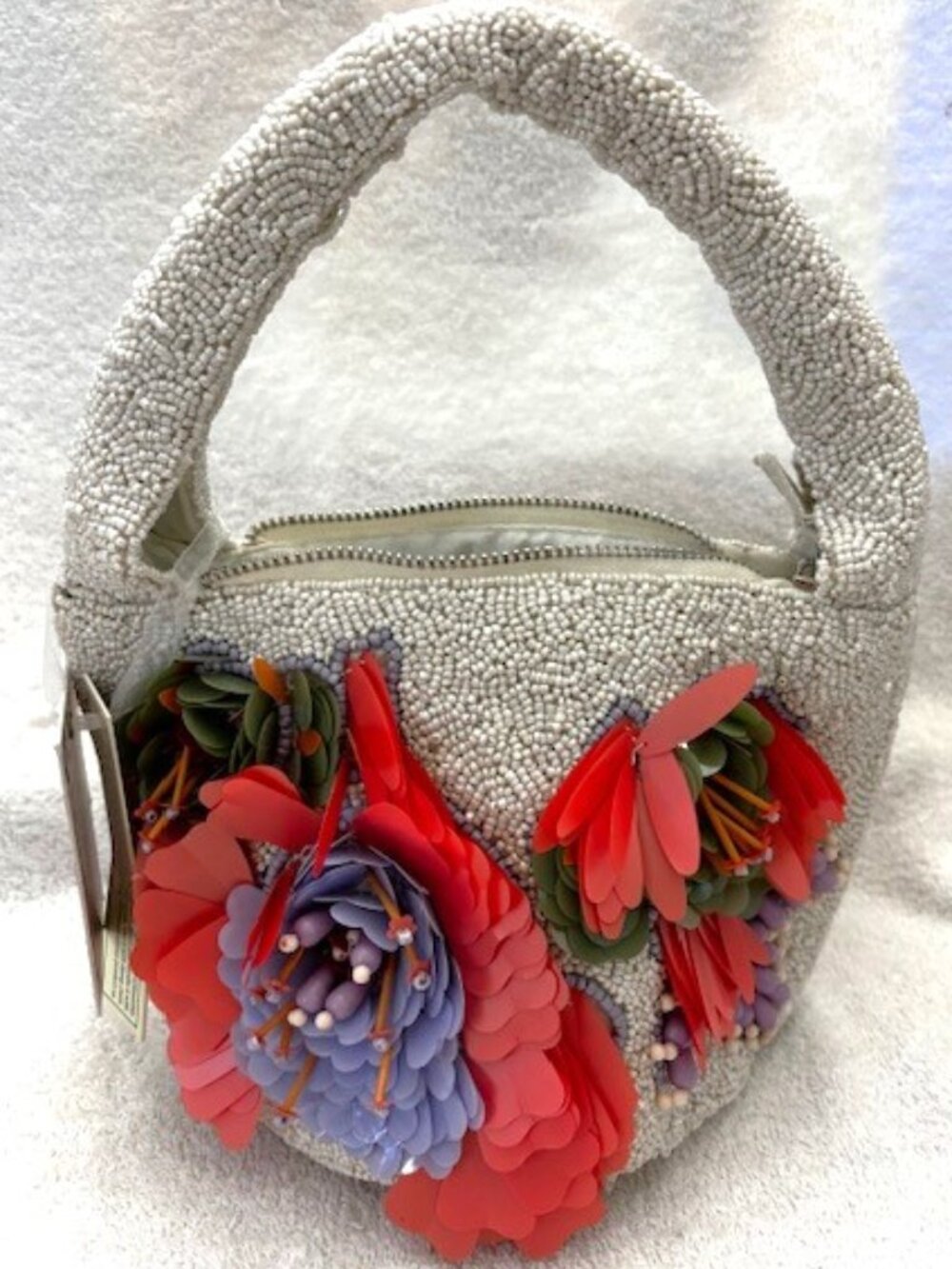 Vibrant pearlized shimmery beaded handbag from India with floral 3D accents NWT